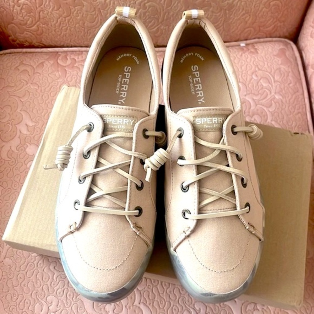 Brand New Sperry Crest Vibe Platform Sneakers Beige Green Leaf Tropical Neutral - Picture 12 of 16